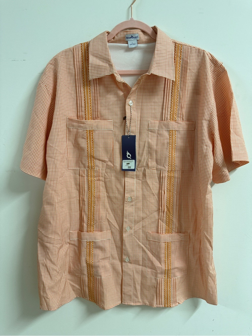 BlueQuail Large Orange Check Embroidered Men's Guayabera Shirt 50+UPF